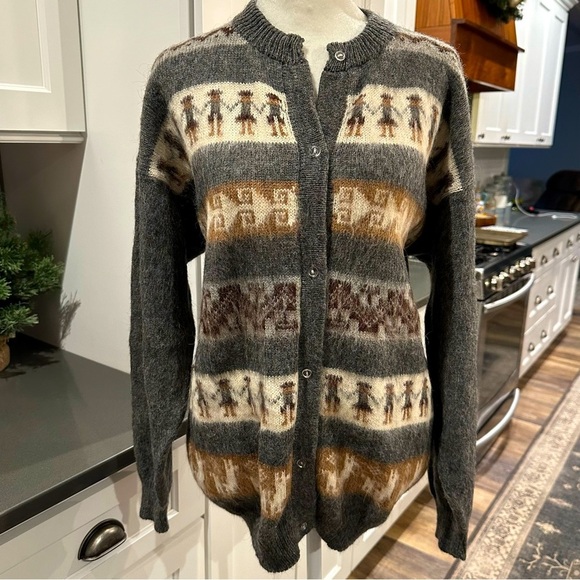 Vintage Sweaters - Vintage Women Chunky Handmade Alpaca Wool Cardigan Sweater Sz L Grandma Cottage